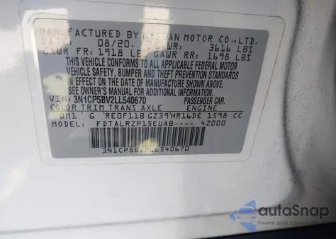 2020 Nissan Kicks S Xtronic Cvt из США, поврежденный, VIN 3N1CP5BV2LL540670